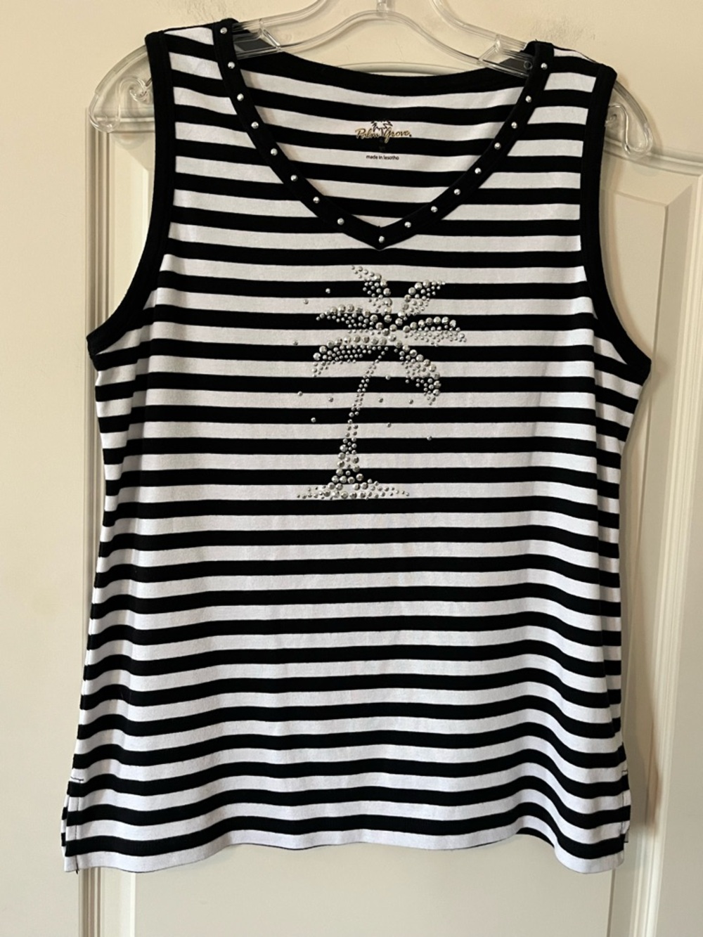 Palm Grove Tropical Rhinestone Palm Tree Navy & White Striped Tank XL